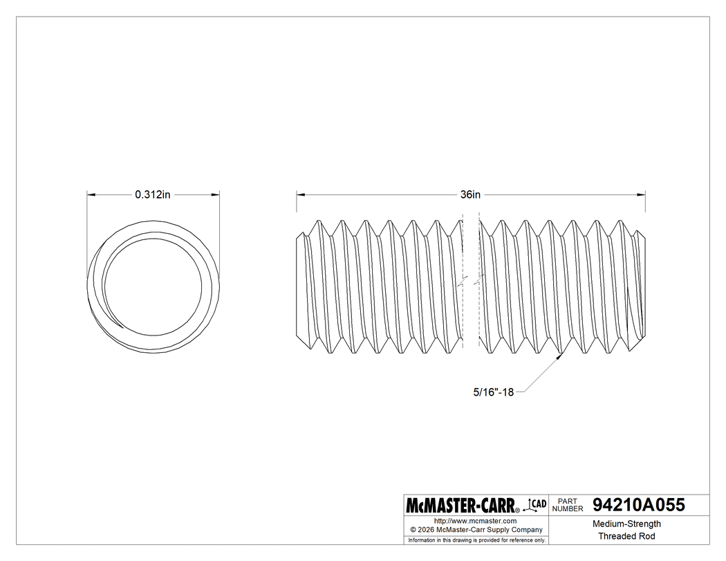Technical Drawing of Medium-Strength Threaded Rod, Black-Oxide Grade B7 Steel, 5/16"-18 Thread Size, 3 Feet Long.